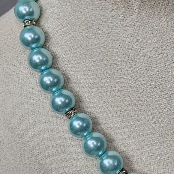 Aqua Blue Glass Pearl and Rhinestone Necklace Earrings and Bracelet Set - Picture 3 of 15